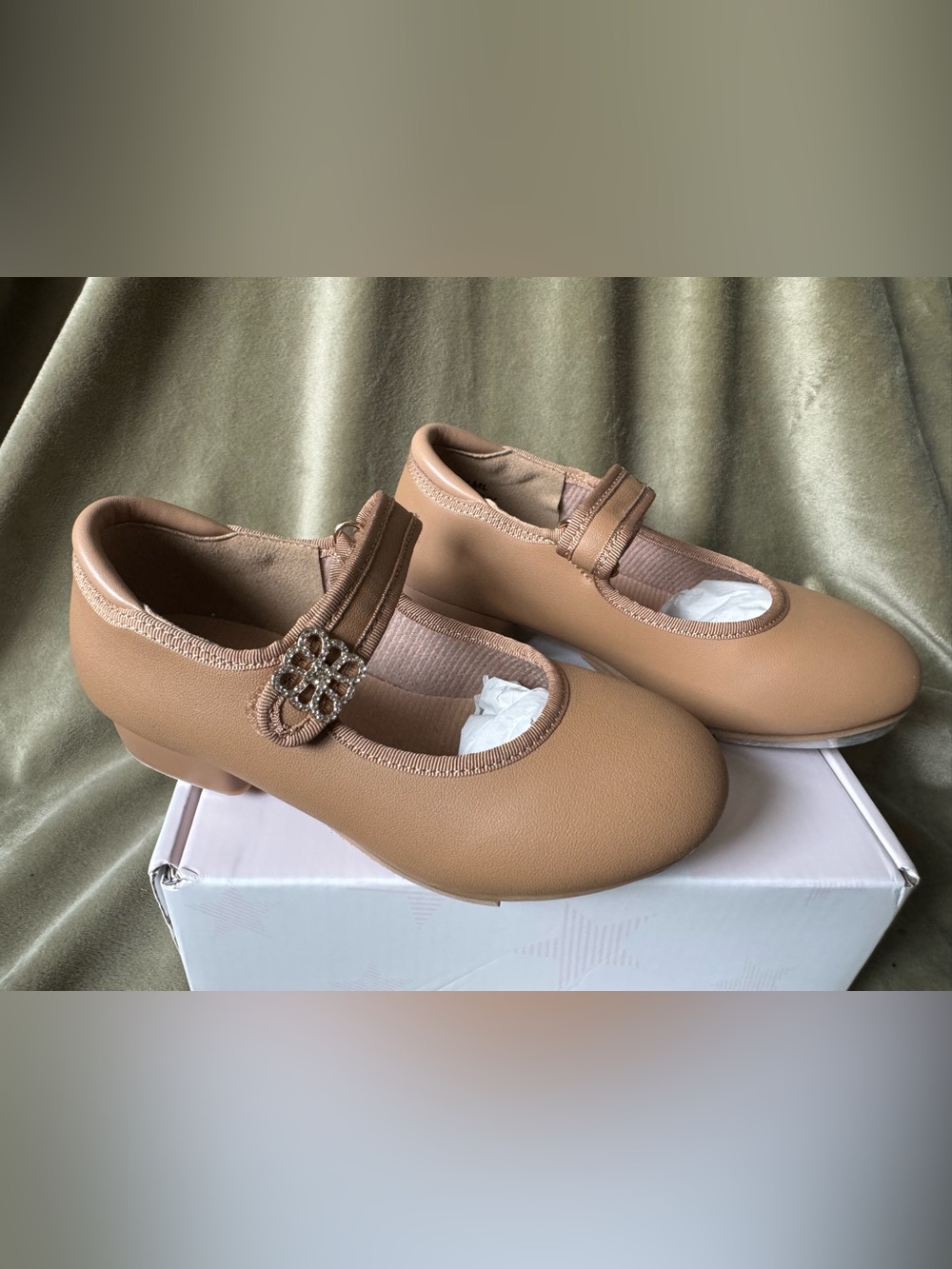 Girls Classic Tan Mary Jane Tap Shoes with Rhinestone Buckle